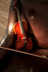 violin on the leather sofa