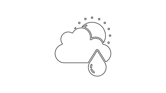 Black line Cloud with rain and sun icon isolated on white background. Rain cloud precipitation with rain drops. 4K Video motion graphic animation.