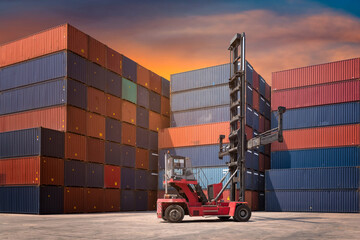 Forklift truck and cargo container in shipping yard for transportation import,export, logistic...