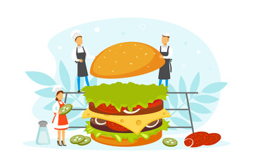 Restaurant Team Cooking Burger, Tiny Chef Characters in Uniform and Cap Cooking Fast Food Dish in Kitchen Vector Illustration