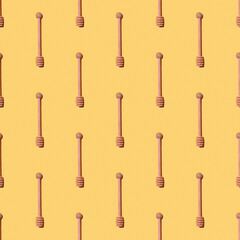 Seamless pattern with wood honey dripper on yellow background. Minimal pattern.