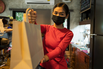 Asian beauty girl working in coffee shop, Portrait young asian barista cafe owner.