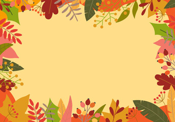Fototapeta na wymiar Autumn background with colorful leaves. Fall season banner or border with foliage. Template for thanksgiving poster, sale or promotion card frame. Vector illustration.