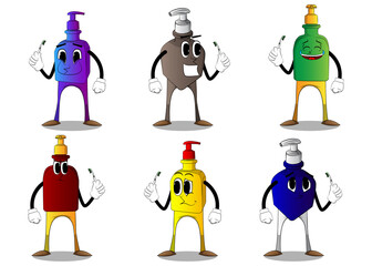 Cartoon bottle of hand sanitizer gel with face holding toothbrush.