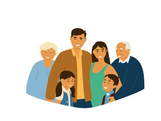 Smiling Asian Family Portrait. Parents, Grandparents And Children. Isolated On White. Asian Characters. Flat Vector Illustration. 