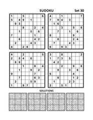 Four sudoku puzzles of medium level, answers included. Set 30.
