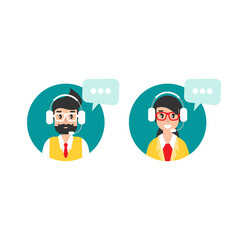 teacher or tutor with headset or earphone and speech bubble in blue circle. Internet learning.