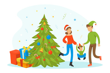 Happy Family Celebrating Winter Holidays, Tiny People Having Fun at Decorated Fir Tree, Merry Christmas and Happy New Year Cartoon Vector Illustration