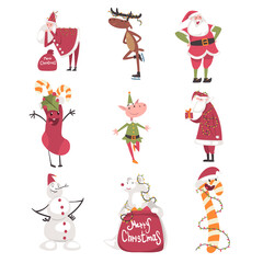 Symbols of Xmas and New Year Holidays Set, Cute Santa Claus, Snowman, Elf, Candy Cane Characters Cartoon Style Vector Illustration