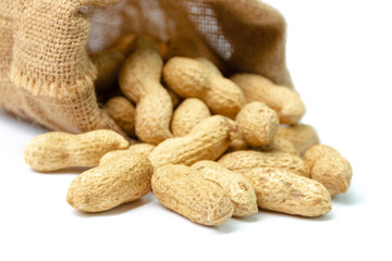 Peanuts in a sack on a white background