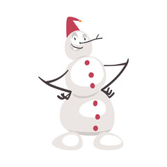 Funny Snowman Christmas Character in Red Knitted Hat, Symbol of Xmas and New Year Holidays Cartoon Style Vector Illustration