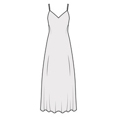 Strap sun dress technical fashion illustration with deep V-neck, maxi ancle length, loose shape, semi-sircular fullness. Flat apparel template front, grey color. Women, men, unisex top CAD mockup
