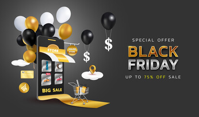 Black Friday Sale banner or Promotion on dark background. Online shopping store with mobile , credit cards and shop elements. Vector illustration.