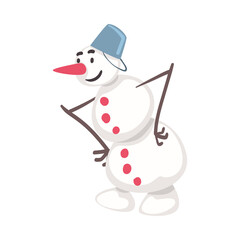 Funny Smiling Snowman Christmas Character, Symbol of Xmas and New Year Holidays Cartoon Style Vector Illustration