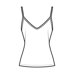 Camisole slip top technical fashion illustration with sweetheart neck, thin straps, slim fit, back zip fastening. Flat outwear tank apparel template front, white color. Women, men, unisex CAD mockup