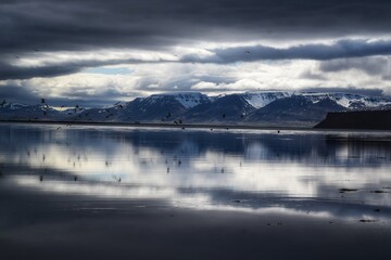 Dramatic clouds and mountains reflected in bay, Iceland