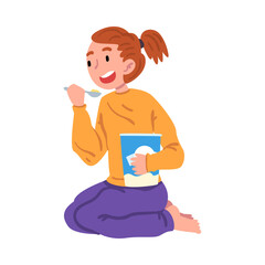 Slumber Party, Cute Girl in Pajamas Sitting on Floor and Eating Ice Cream Cartoon Style Vector Illustration