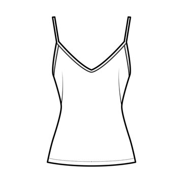 Camisole slip top technical fashion illustration with sweetheart neck, thin straps, slim fit, back zip fastening. Flat outwear tank apparel template front, white color. Women, men, unisex CAD mockup
