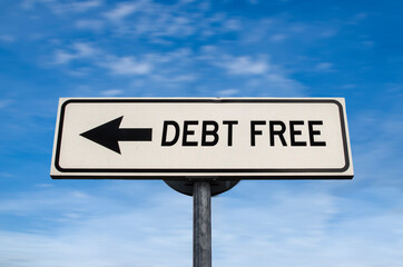 Debt free road sign, arrow on blue sky background. One way blank road sign with copy space. Arrow on a pole pointing in one direction.