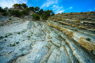 Trees grow on the rock. In background blue sky with clouds.