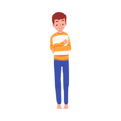 Fototapeta premium Slumber Party, Cute Boy in Pajamas Hugging Pillow Cartoon Style Vector Illustration