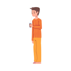 Slumber Party, Cute Boy in Pajamas Drinking Soda Drink with Straw Cartoon Style Vector Illustration