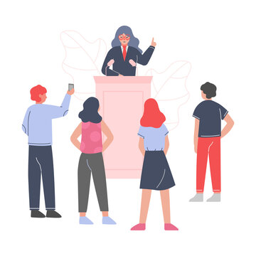Female Politician Standing Behind Rostrum and Giving Speech, Woman Public Speaker Giving Talk in front of Audience Vector Illustration