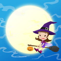 Halloween trick or treat concept, Cute little witch girl riding a broom on blue background with a full moon