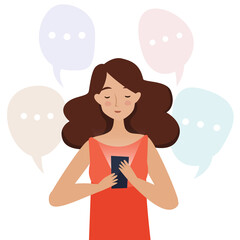 Woman with mobile phone read messages. Flat style vector illustration. 