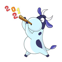 Vector cartoon cow plays the flute on a white background isolated. Symbol 2021