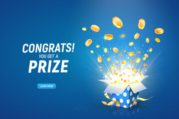 Win prize. Online casino gambling game vector illustration advertising. Open textured gift box with coins explosion out on the blue background. 