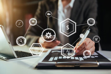 Digital marketing media in virtual screen.business working digital tablet, smartphone with keyboard and computer laptop at office in morning light
