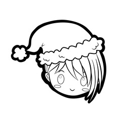 Cute cartoon boy with Christmas hat, icon, emoji element on white background. Doodle black line decoration for logo, coloring, card and any design. Vector illustration about holiday.