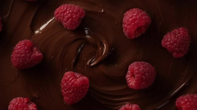 melted chocolate and raspberry top view rotating