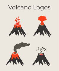 Volcano magma nature blowing up with lava flowing down vector set. Volcano logos different eruptions. Dust  cloud and rocks 