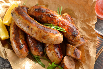 Grilled sausages. Bavarian sausages with herbs and rosemary. Food on parchment. Close-up. Gray background.