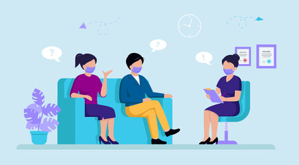 Couple Of Man And Woman Sitting On Sofa And Having Consultation With Female Psychologist Or Psychotherapist. Concept Illustration Of Family Psychotherapy In Flat Cartoon Style. Office Style Interior
