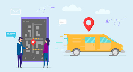 Vector Illustration With Delivery Concept. Orange Delivery Truck Moving With Red Sign Above, Male And Female Characters Standing Near Big Smartphone, Man Talking On Phone. Navigation Map On Screen