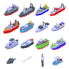 Fishing boat icons set. Isometric set of fishing boat vector icons for web design isolated on white background