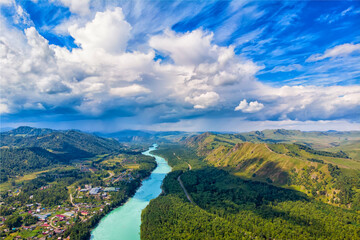 Altai mountains republic, Blue Katun river with clouds Russia, aerial top view