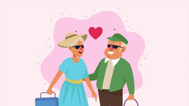 old persons couple with suitcases and hearts animation characters