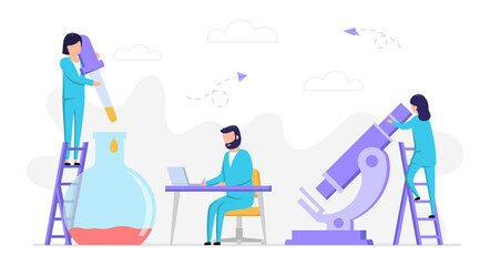 Vector Illustration Of Cartoon Doctors In Abstract Medical Lab Investigating. Professional Scientists In Blue Uniform Working With Big Appliances Dropper, Flask, Microscope. Male And Female Character