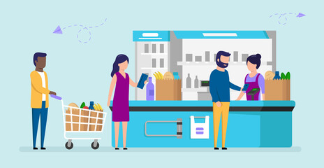 Different People Grocery Store Line At Cash Counter. Male And Female Supermarket Customers Buying Products, Man Pays With Smartphone, Woman Holds Wallet, Another Man With Cart. Vector Illustration