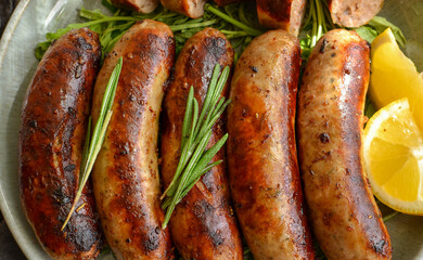 Grilled sausages with lemon and ketchup. Bavarian sausages with herbs and rosemary. Closeup