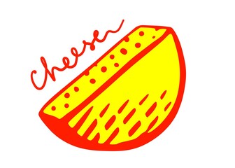 Illustration in color. Cheese. Cut off a semicircular piece with an inscription. Vector.