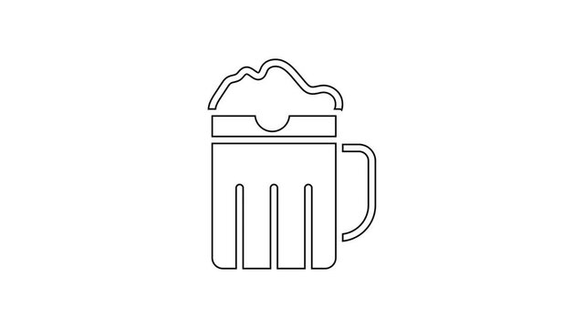 Black line Wooden beer mug icon isolated on white background. 4K Video motion graphic animation.