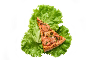 Slice of pizza and lettuce leaf isolated on white background.