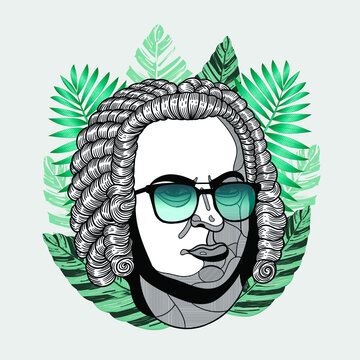 Hipster classical portrait of composer and musician with glasses. Summer style - palm leaf. T-Shirt Design & Printing, clothes, beachwear. Vector illustration hand drawn. Johann Sebastian Bach