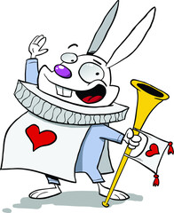 Happy white rabbit saying hello holding a trompet with a flag