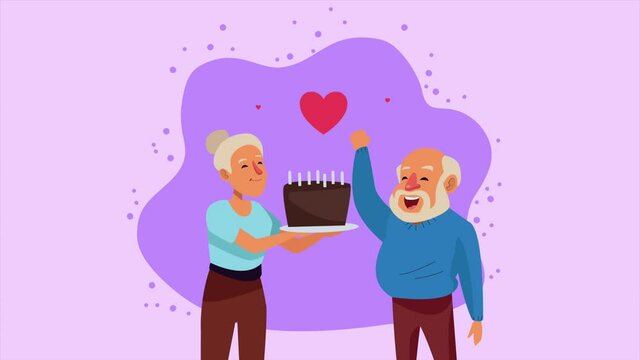old persons couple with cupcake and hearts animation characters